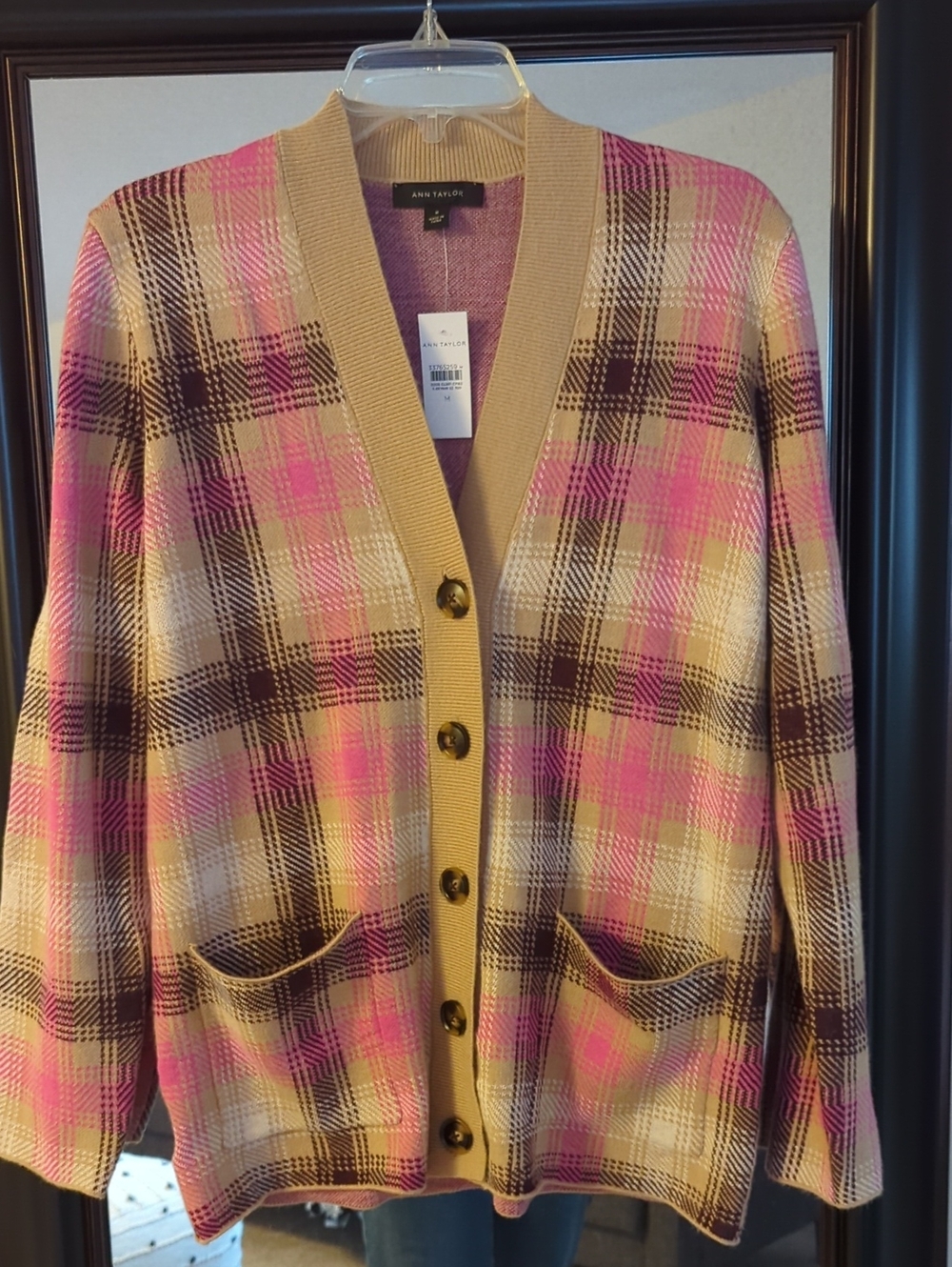 Ann Taylor Pink Beige Plaid V-Neck Cardigan